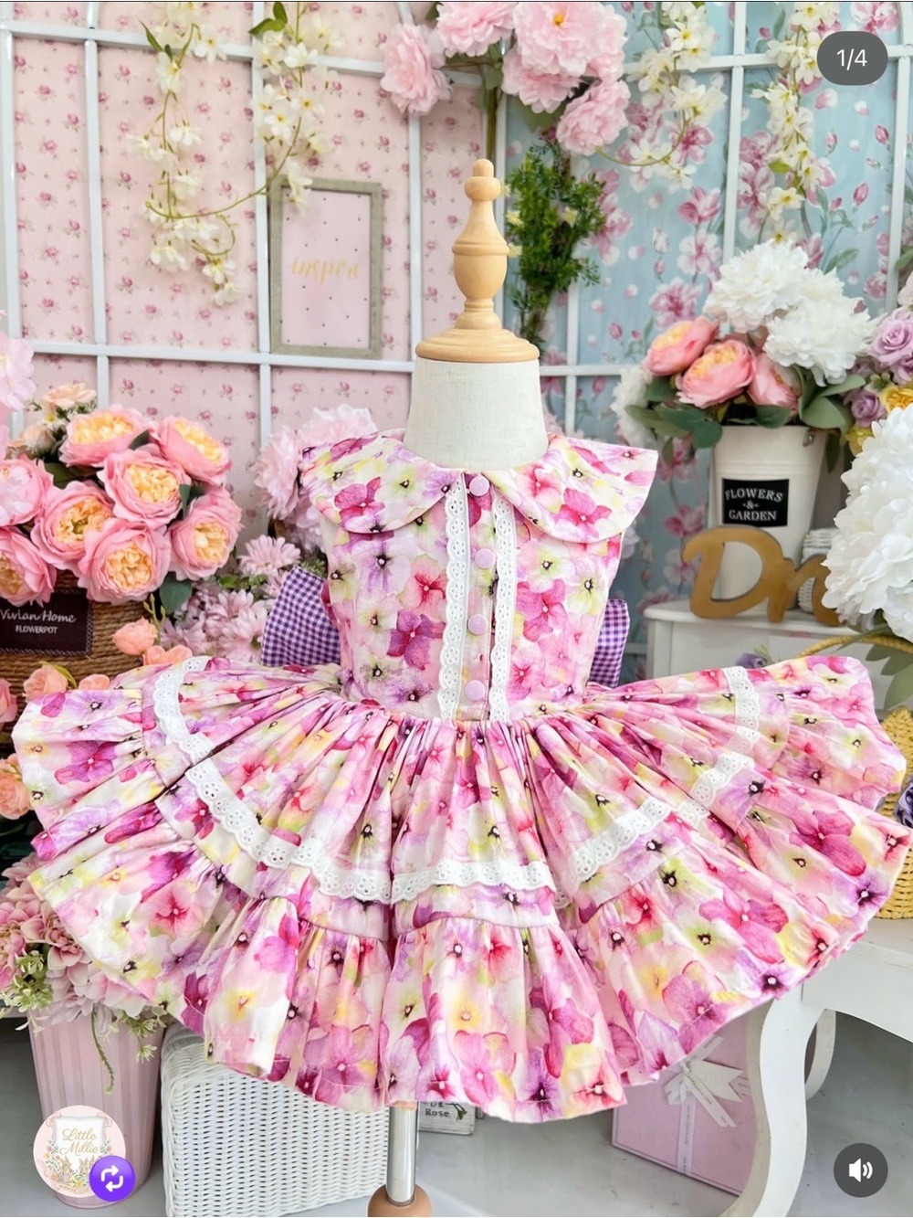 Floral Purple & Pink Lace-Trim Girls Casual Dress with Collar